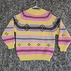 Vintage One Step Up Sweater Womens Medium Yellow Pink Knit Acrylic Hearts 80s
